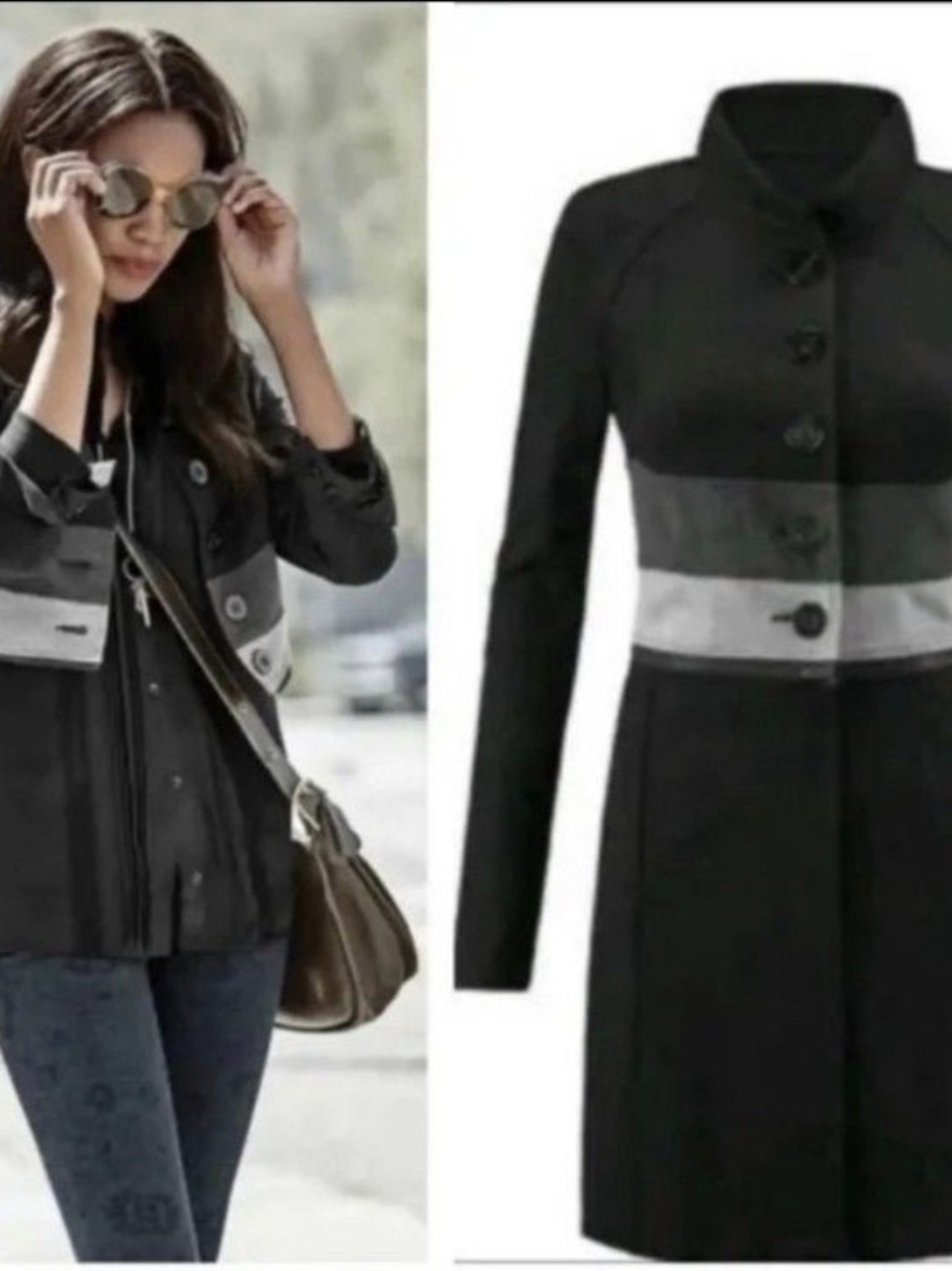 CAbi 3176 Black, Gray Convertible Zip-Off Button-Front Jacket - Large